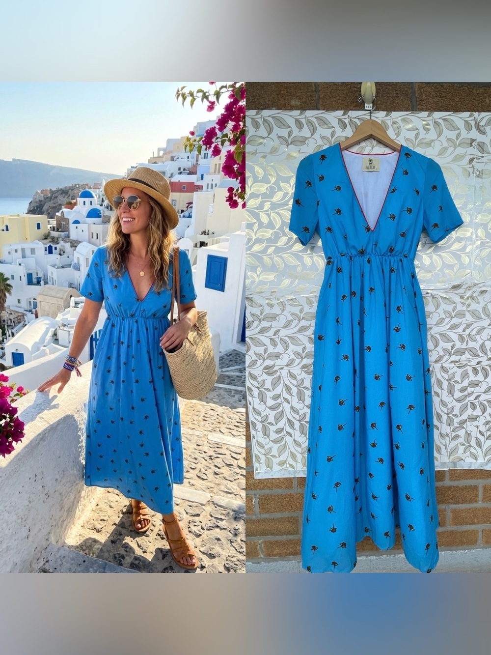 KARAVAN Greece Blue Rose Print Maxi Dress S Boho Whimsical Cottagecore Romantic